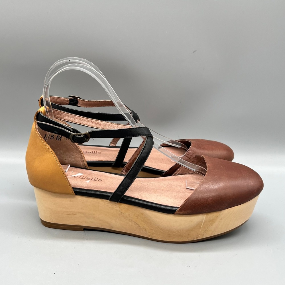 Gee WaWa Sandals Womens 8.5 Brown Colorblock Leather Platform Wood Wedge Shoes